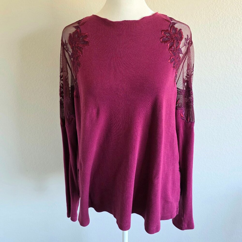 Free People Daniella Burgundy Boho Top Sweater Lace Embroidered Shoulders Size S
